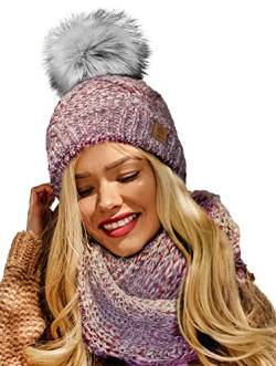 4sold Damen Strick-Mütze Gefüttert mit Faux Fell-Bommel Set Mütze & Schal Alpaka Wolle Bommelmütze Kiesel Bommel Pompon - Set Rouse Pink von 4sold