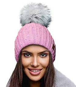 4sold Damen Wurm Winter Style Beanie Strickmütze Mütze mit Fellbommel Bommelmütze Hat Ski Snowboard Pelz Bommel Pompon Kreis Kleine Kristalle Crystals (Rosa) von 4sold