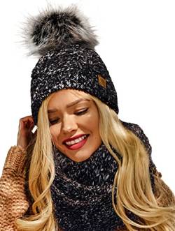 4sold Frauen Damen Mütze Pom Pom Warm Winter Natürlich Wolle Alpaka Futter Micropolar - Set Black von 4sold