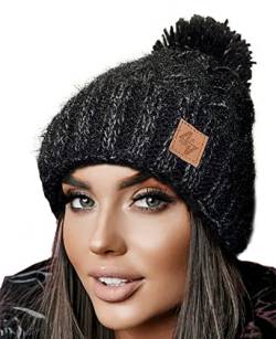 4sold Herren Damen Wurm Winter Style Beanie Strickmütze Mütze mit Fellbommel Bommelmütze Hat Gestrickte Pudelmütze Plain Ski Pom Wooly with Full Cosy Fleece-Futter (Black White) von 4sold