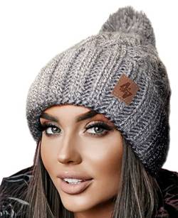 4sold Herren Damen Wurm Winter Style Beanie Strickmütze Mütze mit Fellbommel Bommelmütze Hat Gestrickte Pudelmütze Plain Ski Pom Wooly with Full Cosy Fleece-Futter (Grey White) von 4sold