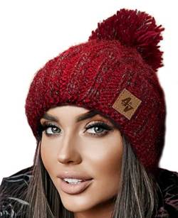 4sold Herren Damen Wurm Winter Style Beanie Strickmütze Mütze mit Fellbommel Bommelmütze Hat Gestrickte Pudelmütze Plain Ski Pom Wooly with Full Cosy Fleece-Futter (Maroon White) von 4sold