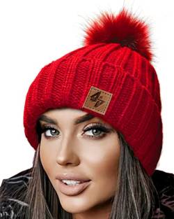 4sold Herren Damen Wurm Winter Style Beanie Strickmütze Mütze mit Fellbommel Bommelmütze Hat Gestrickte Pudelmütze Plain Ski Pom Wooly with Full Cosy Fleece-Futter (Red Red) von 4sold