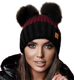 4sold Miki Farbe Damen Wintermütze Wolle Strickmütze Mit Doppelten Pom Pom Cap Ski Snowboard Bobble (Maroon Black) von 4sold