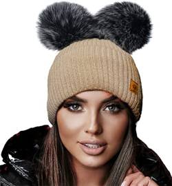 4sold Miki Farbe Damen Wintermütze Wolle Strickmütze Mit Doppelten Pom Pom Cap Ski Snowboard Bobble (Megi Beige) von 4sold