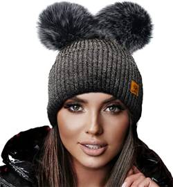 4sold Miki Farbe Damen Wintermütze Wolle Strickmütze Mit Doppelten Pom Pom Cap Ski Snowboard Bobble (Megi Dark Grey) von 4sold