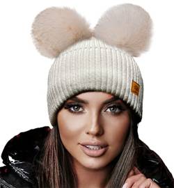 4sold Miki Farbe Damen Wintermütze Wolle Strickmütze Mit Doppelten Pom Pom Cap Ski Snowboard Bobble (Megi Ecru) von 4sold