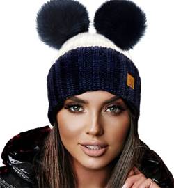 4sold Miki Farbe Damen Wintermütze Wolle Strickmütze Mit Doppelten Pom Pom Cap Ski Snowboard Bobble (White Navy) von 4sold