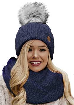 4sold Mütze & Schal Schlauchscha Damen Gerippt Winter Beanie mit Fleece Strickmütze Mohair Wolle Wurm mit Faux Fell-Bommel Bommel Pom Pom Strick Gefüttert - Set Birma Navy von 4sold