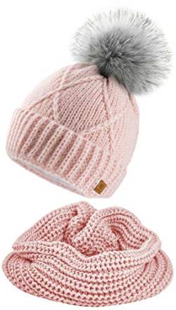 4sold Mütze & Schal Schlauchscha Damen Gerippt Winter Beanie mit Fleece Strickmütze Mohair Wolle Wurm mit Faux Fell-Bommel Bommel Pom Pom Strick Gefüttert - Set Birma Power Pink von 4sold