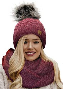 4sold Mütze & Schal Schlauchscha Damen Gerippt Winter Beanie mit Fleece Strickmütze Mohair Wolle Wurm mit Faux Fell-Bommel Bommel Pom Pom Strick Gefüttert - Set Carla Burgund von 4sold