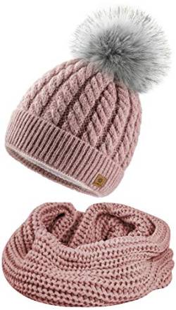 4sold Mütze & Schal Schlauchscha Damen Gerippt Winter Beanie mit Fleece Strickmütze Mohair Wolle Wurm mit Faux Fell-Bommel Bommel Pom Pom Strick Gefüttert - Set Carla Rouse Pink von 4sold