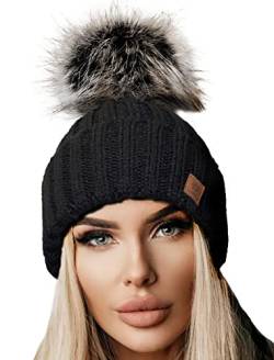 4sold Rita Damen Wurm Winter Style Beanie Strickmütze Mütze mit Fellbommel Bommelmütze HAT SKI Snowboard von 4sold