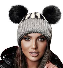 4sold Wintermütze Miki für Damen, Mädchen, aus Wolle, Strickmütze mit zwei Pom-Poms, für Ski, Snowboard, Grau / Schwarz, Einheitsgröße von 4sold