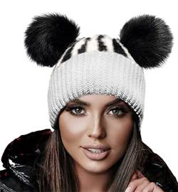 4sold Wintermütze Miki für Damen, Mädchen, aus Wolle, Strickmütze mit zwei Pom-Poms, für Ski, Snowboard, weiß, Einheitsgröße von 4sold