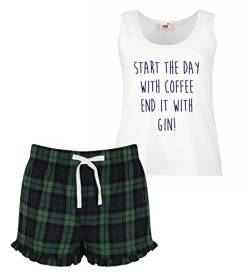 60 Second Makeover Limited Start The Day with Kaffee End It mit Gin Damen Tartan Rüsche Shorts Pyjama Set Rot Blau oder Grün Blau - Grün, Medium (UK 12) von 60 Second Makeover Limited