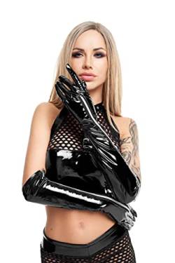 7-Heaven Schwarze Lack Handschuhe glänzend dehnbar lang mit Reißverschluss L/XL von 7-Heaven