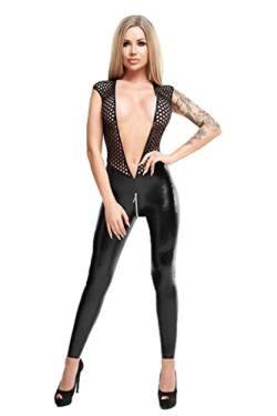 7-Heaven Schwarzes Damen Dessous Catsuit Body mit V-Ausschnitt und 2-Wege Reißverschluss aus Netz und Wetlook Material L/XL von 7-Heaven