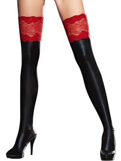 7-Heaven Wetlook-Spitzen-Strapsstrümpfe, schwarz/rot (L/XL) von 7-Heaven