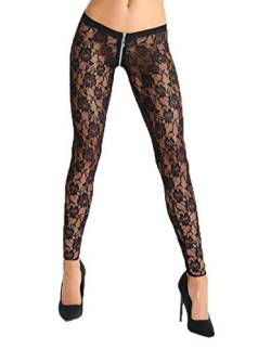 7Heaven Damen Leggings schwarz transparent aus Spitze dehnbar Frauen Pants mit Reißverschluss Blumenmuster erotisch M von 7Heaven