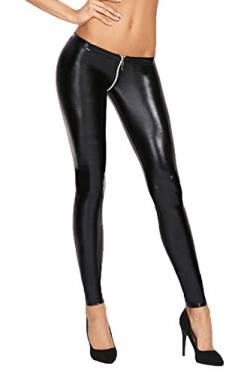 7Heaven Schwarze Damen Wetlook Leggings Hose Skinny mit Gummibund und Reißverschluss L von 7Heaven