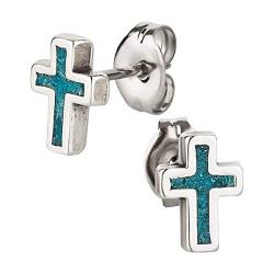 Ohrstecker Ohrringe Kreuz 2 Silber 925 Sterling Türkis Inlay als Ohrschmuck mit kleiner Schmuckbox - 7K - Indianer Schmuck Geschenke für Damen, Mädchen, Jungen, Kinder und Herren von 7K