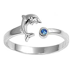 Zehenring aus 925 Sterling Silber als Fußschmuck für Damen, Herren und Mädchen, Größenverstellbar, blauer Zirkonia Delfin von 7K