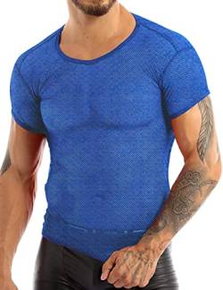 Durchsichtige Hemden für Herren, Fischnetz, Mesh, eng anliegende Kurzarm-T-Shirts für Muskeloberteile, Clubwear Color Blue Size L von 7Power