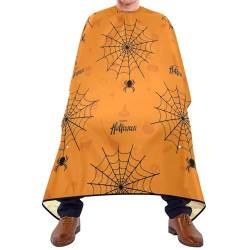 Haarschneideumhang Fröhliches Halloween-Spinnennetz Mit Spinnen Auf Orange Friseure Kleid Verstellbar Schürze Polyester Frisörumhang Für Erwachsene Kinder Haarschnitt von 934