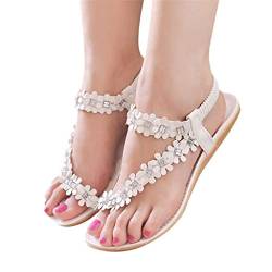 95 Sandalen Damen Sommer, Women Bohemian Blume Flach Sandaletten Sommer Strand Schuhe Freizeit Urlaub Sommerschuhe Zehentrenner Sandalen Mädchen Mode Riemchensandalen (Weiß, 37) von 95