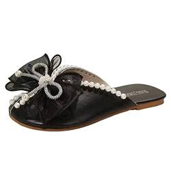 Damen Schuhe Sommer Slippers Walkingschuhe Damen Sommer Außen einfarbig Strass Perle Schleife elegante hohle atmungsaktive große Sandalen Hausschuhe Elegante Strandsandalen mit Absatz (Black, 37) von 95sCloud-1