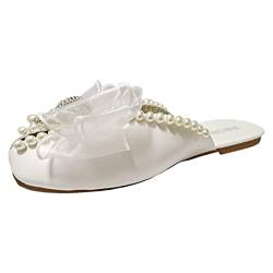 Damen Schuhe Sommer Slippers Walkingschuhe Damen Sommer Außen einfarbig Strass Perle Schleife elegante hohle atmungsaktive große Sandalen Hausschuhe Elegante Strandsandalen mit Absatz (White, 39) von 95sCloud-1