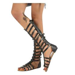 95sCloud Damen Gladiator Sandalen Flach Schuhe Sommerschuhe Knie hohe Stiefel Retro Kniehoch Peep Toe Sandalen Römersandalen Reißverschluss Strandschuhe Schnürschuhe Freizeithose (Schwarze, 38) von 95sCloud