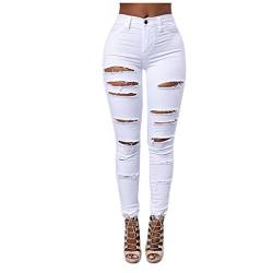 Damen Hosen Stretch Long Hose Hotpants zerrissen High Waist Jeanshose Skinny Hochbund Hose Jeanshose Zerrissen Ripped Hose hohe Taille Stretch Skinny Bleistifthose Cutted Knee Legging (Weiß, S) von 95sCloud