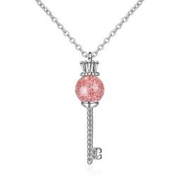 Romantische Krone Schlüssel Pink Stroke Pfirsich Erdbeer Kristall Anhänger 925 Sterling Silber Schlüsselbein Kette weibliche Halskette von A/N