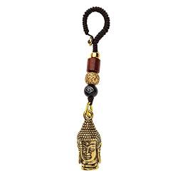 Messing Buddha Kopf Statue, Schlüsselanhänger Glücksanhänger + Bodhi handgestricktes Seil, Autoschlüssel Rucksack Deko Amulett, Messing von A/X
