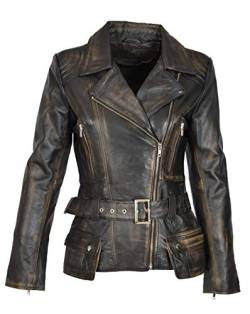 A1 FASHION GOODS Damen Biker Lederjacke SCHWARZ Vintage Abreiben Slim Fit Taille Gürtel Mantel - COCO (L - EU 40) von A1 FASHION GOODS