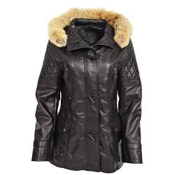 A1 FASHION GOODS Damen Duffle Jacke Schwarz weiches Leder Schlank Passen Abnehmbare Kapuze Parka-Mantel - Amelia (L- EU 40) von A1 FASHION GOODS