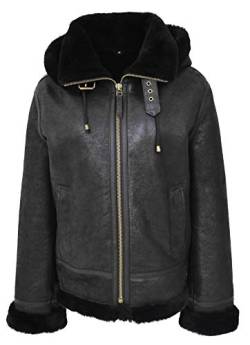 A1 FASHION GOODS Damen Echt Schwarz Schaffell Fliegende Jacke Mit Kapuze Shearling B3 Pilot Fliegermantel Maria (XXL - EU 44) von A1 FASHION GOODS