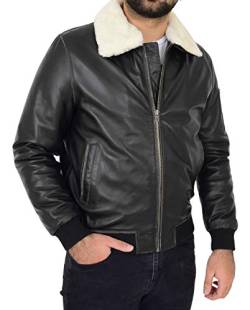 A1 FASHION GOODS Herren Jahrgang Schwarz Abreiben Bomber Lederjacke Schaffellhalsband Varsity Gunner (S - EU 46) von A1 FASHION GOODS