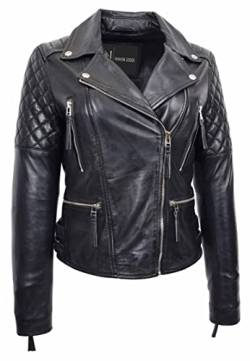 Damen Lederjacke, Biker-Stil, gesteppt, Schwarz / Cognac Liz, Schwarz , 36 von A1 FASHION GOODS