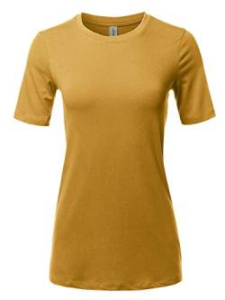 Damen Basic Solid Premium Baumwolle Kurzarm Rundhals T-Shirt Tee Tops - Gelb - X-Groß von A2Y