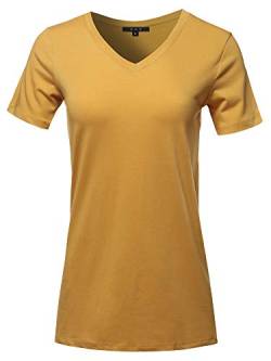 Damen Basic Solid Premium Baumwolle Kurzarm V-Ausschnitt T Shirt Tee Tops, Goldener Senf, 2X von A2Y
