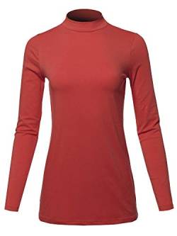 Damen Basic Solid Soft Cotton Long Sleeve Mock Neck Top Shirts (S - 3XL) - Pink - Groß von A2Y