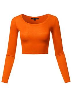 Damen Basic Solid Stretch U-Ausschnitt Langarm Crop Top, Rayon - Orange, X-Groß von A2Y