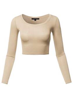 Damen Basic Solid Stretch U-Ausschnitt Langarm Crop Top - Beige - X-Klein von A2Y