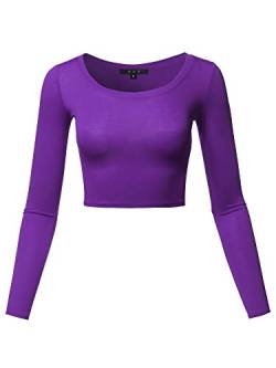 Damen Basic Solid Stretch U-Ausschnitt Langarm Crop Top - Violett - X-Klein von A2Y