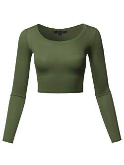 Damen Basic Solid Stretchable Rundhalsausschnitt Langarm Crop Top - Grün - Mittel von A2Y
