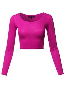 Damen Basic Solid Stretchable Rundhalsausschnitt Langarm Crop Top - Pink - Mittel von A2Y