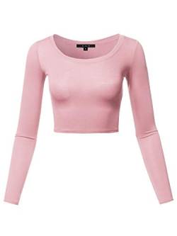 Damen Basic Solid Stretchable Rundhalsausschnitt Langarm Crop Top - Pink - Mittel von A2Y